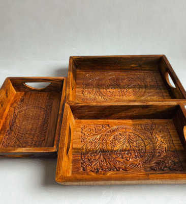 Hand-Carved Sheesham Wood Tray Set - Image 2