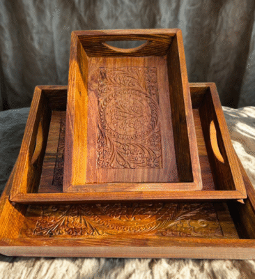 Hand-Carved Sheesham Wood Tray Set
